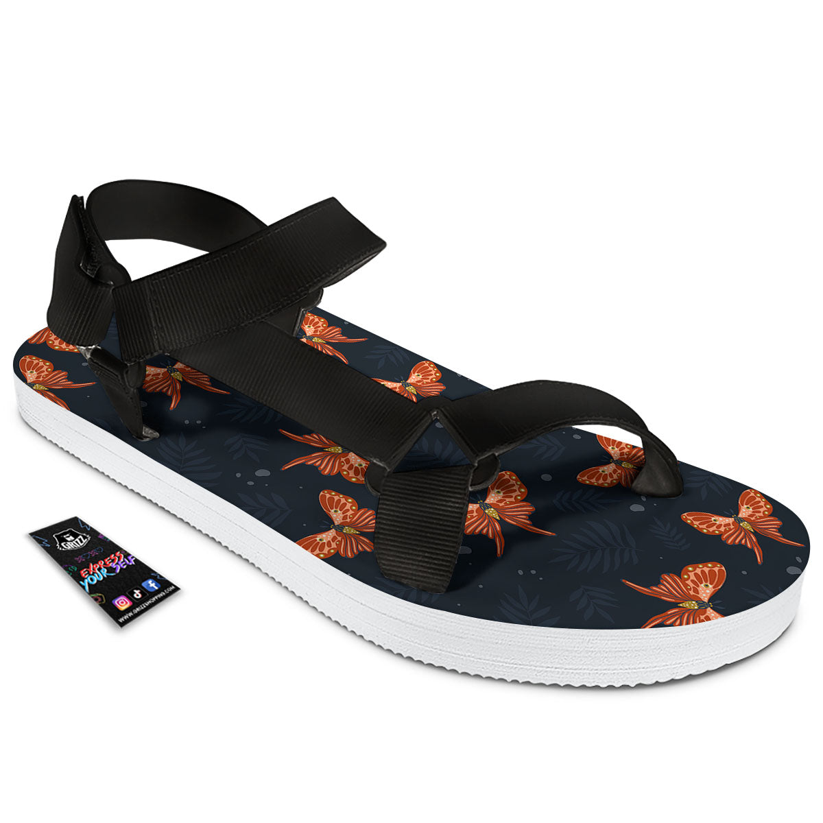 Orange Butterfly Monarch Print Pattern Black Open Toe Sandals-grizzshop
