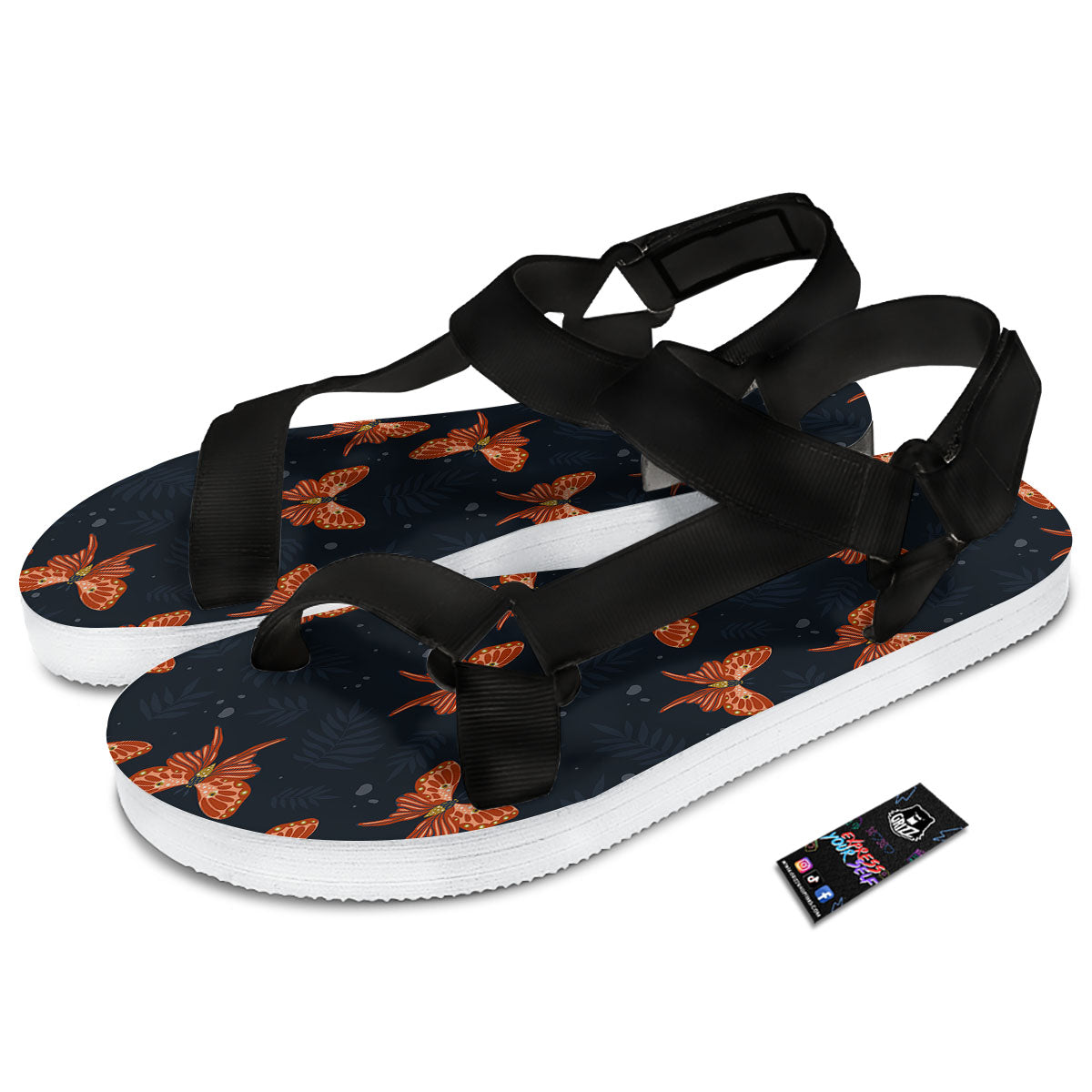 Orange Butterfly Monarch Print Pattern Black Open Toe Sandals-grizzshop