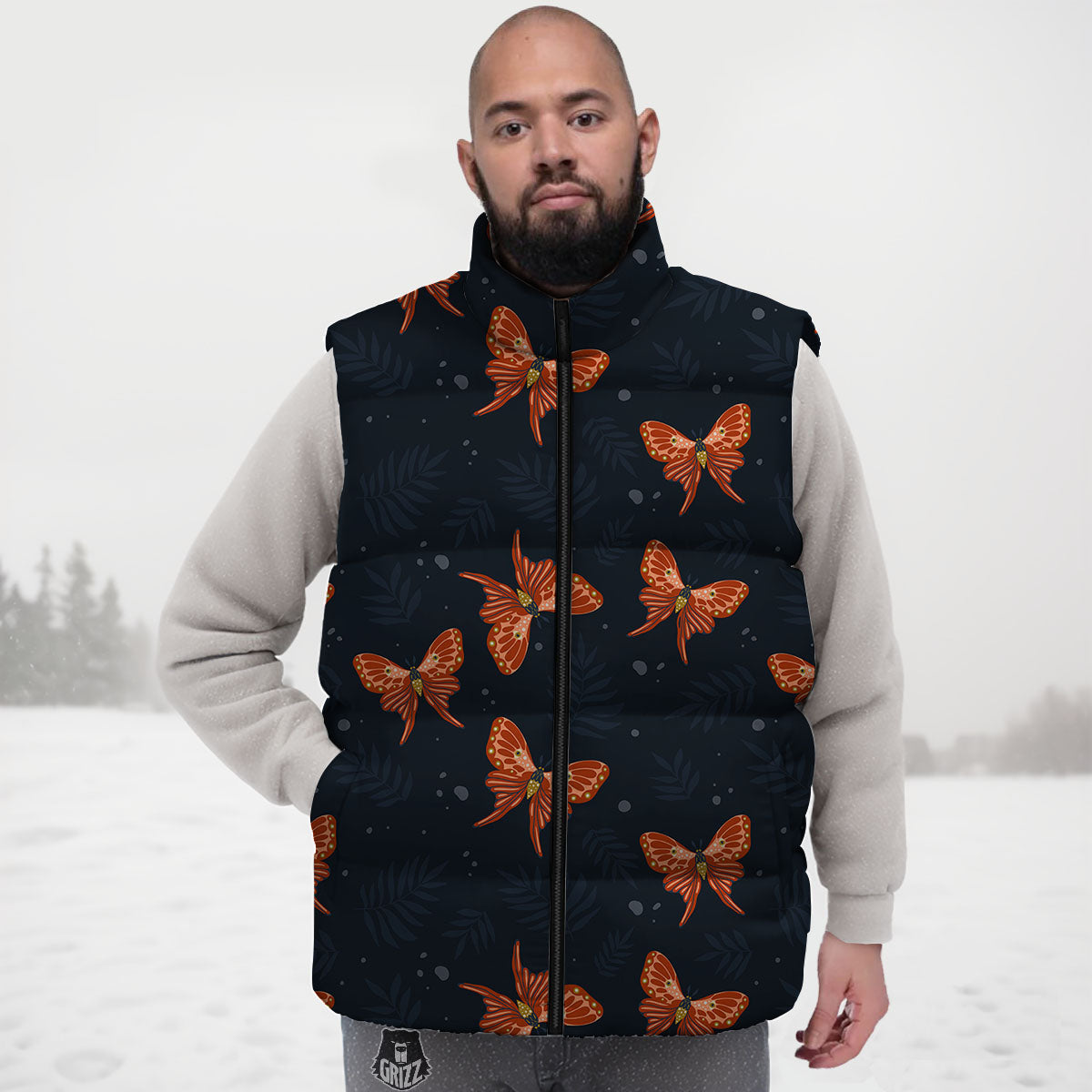 Orange Butterfly Monarch Print Pattern Down Vest