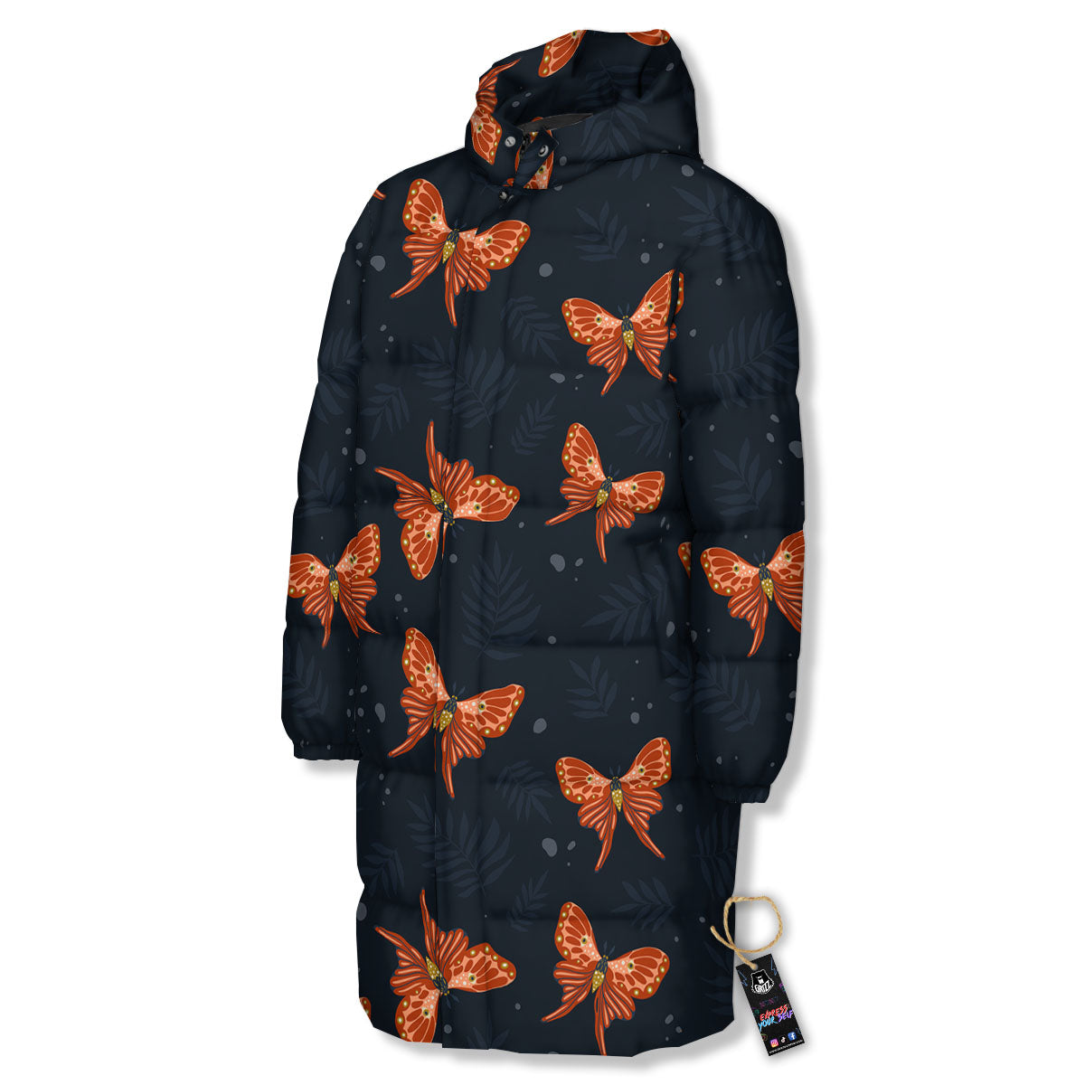 Orange Butterfly Monarch Print Pattern Long Down Jacket-grizzshop