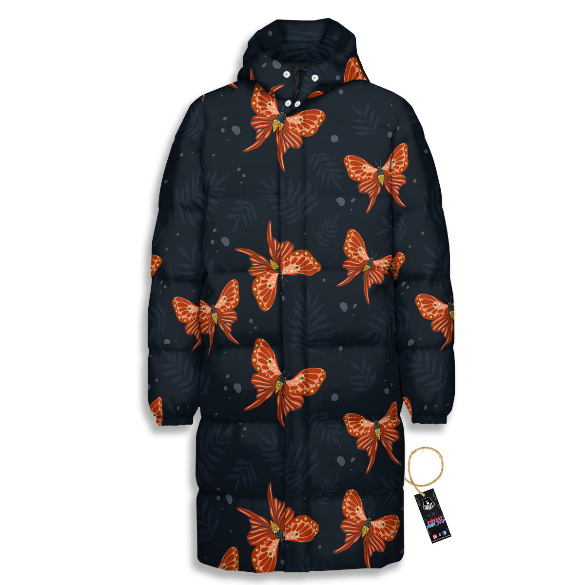 Orange Butterfly Monarch Print Pattern Long Down Jacket-grizzshop