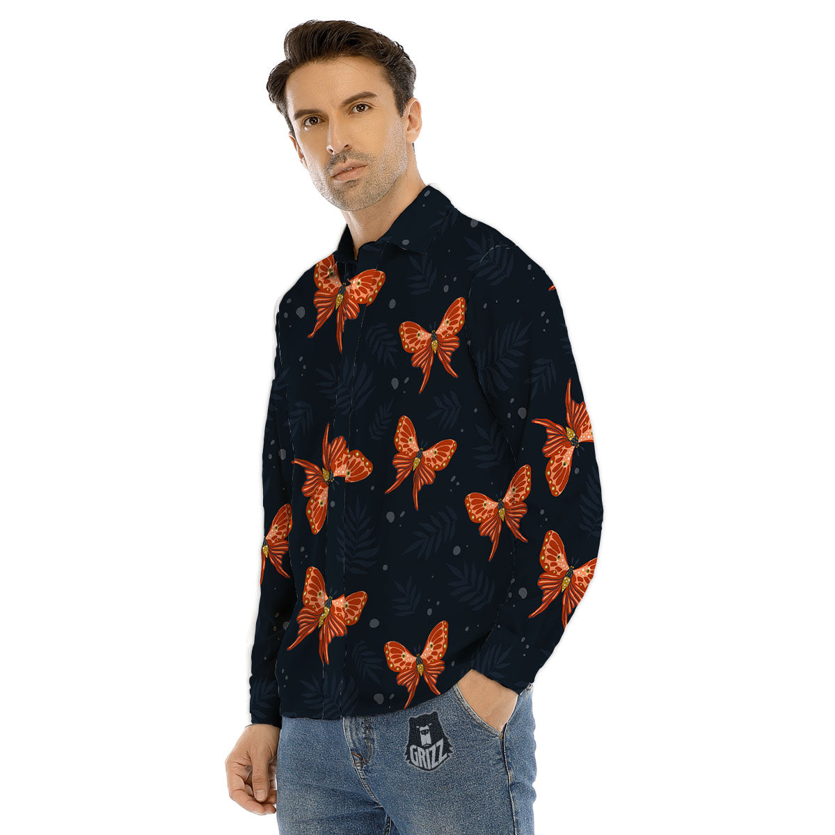 Orange Butterfly Monarch Print Pattern Men's Dress Shirts-grizzshop
