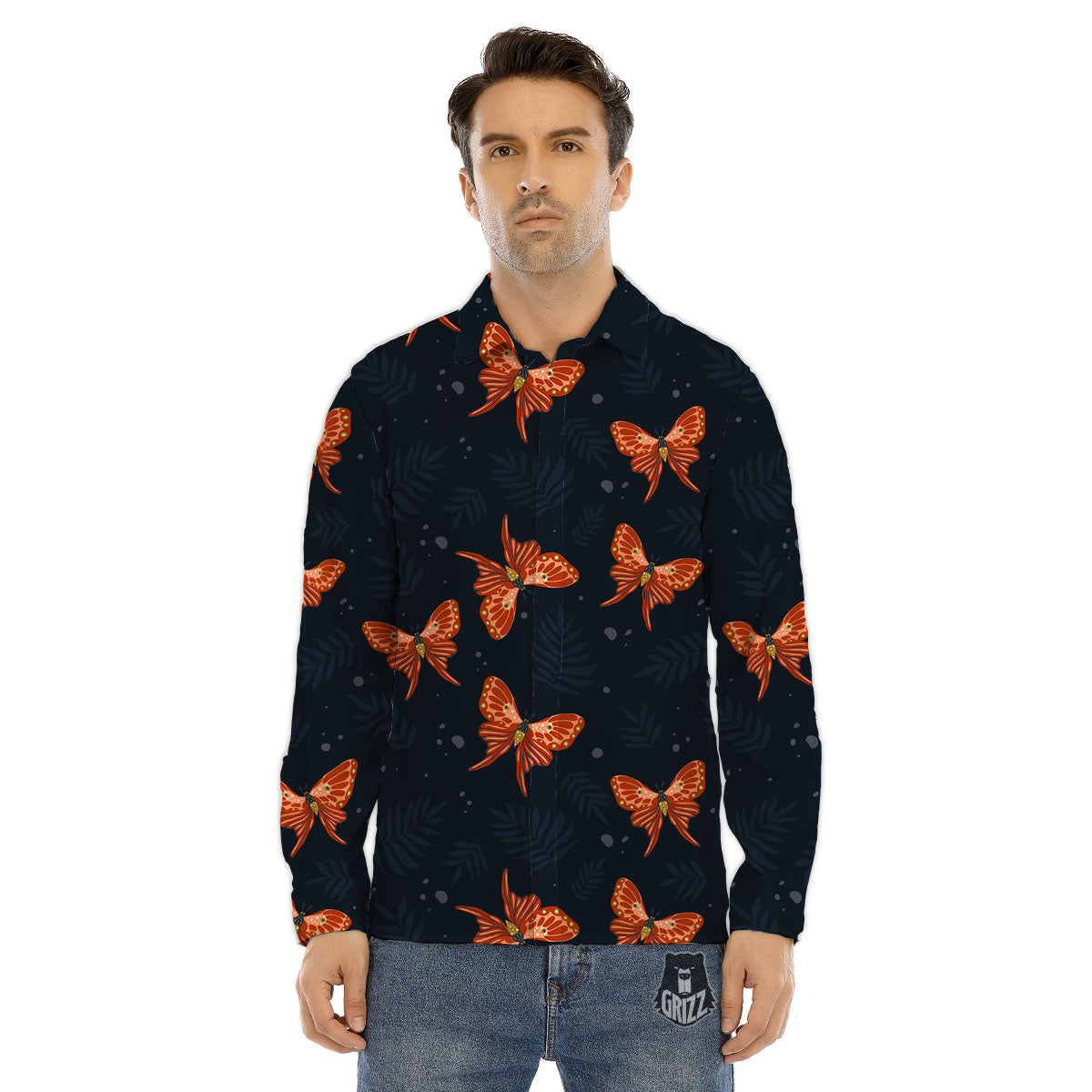 Orange Butterfly Monarch Print Pattern Men's Dress Shirts-grizzshop
