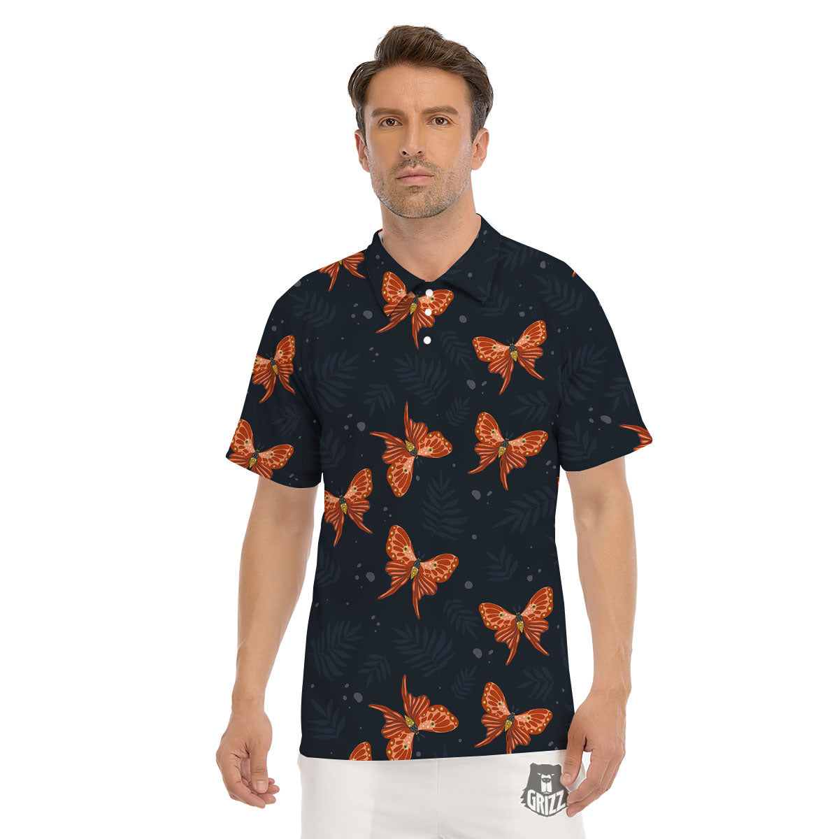 Orange Butterfly Monarch Print Pattern Men's Golf Shirts-grizzshop