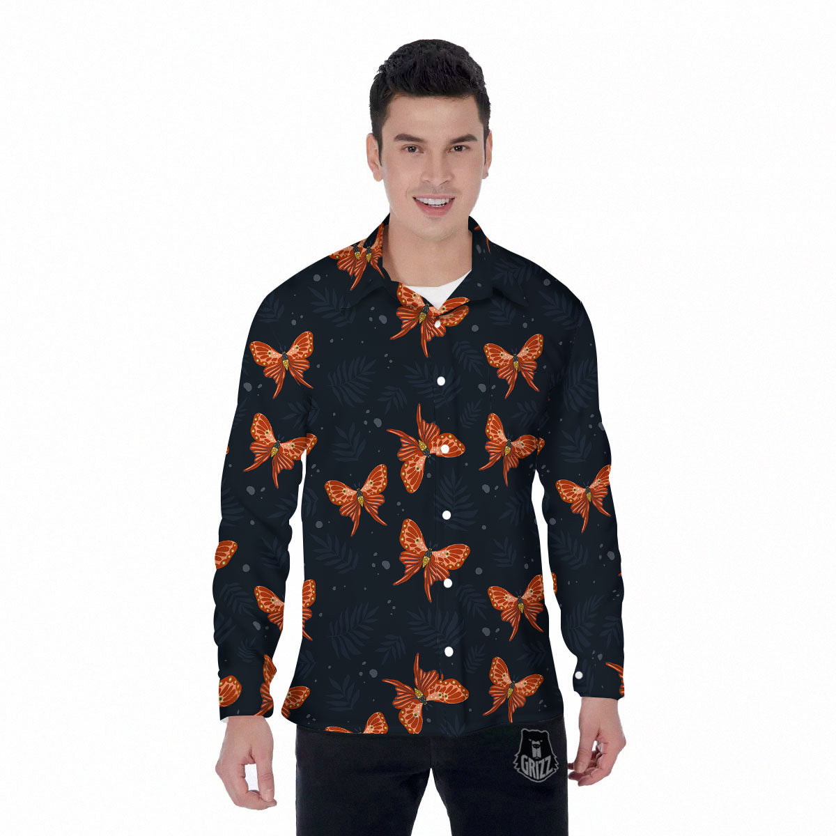 Orange Butterfly Monarch Print Pattern Men's Long Sleeve Shirts-grizzshop