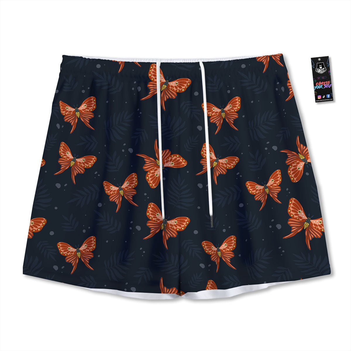Orange Butterfly Monarch Print Pattern Mesh Shorts