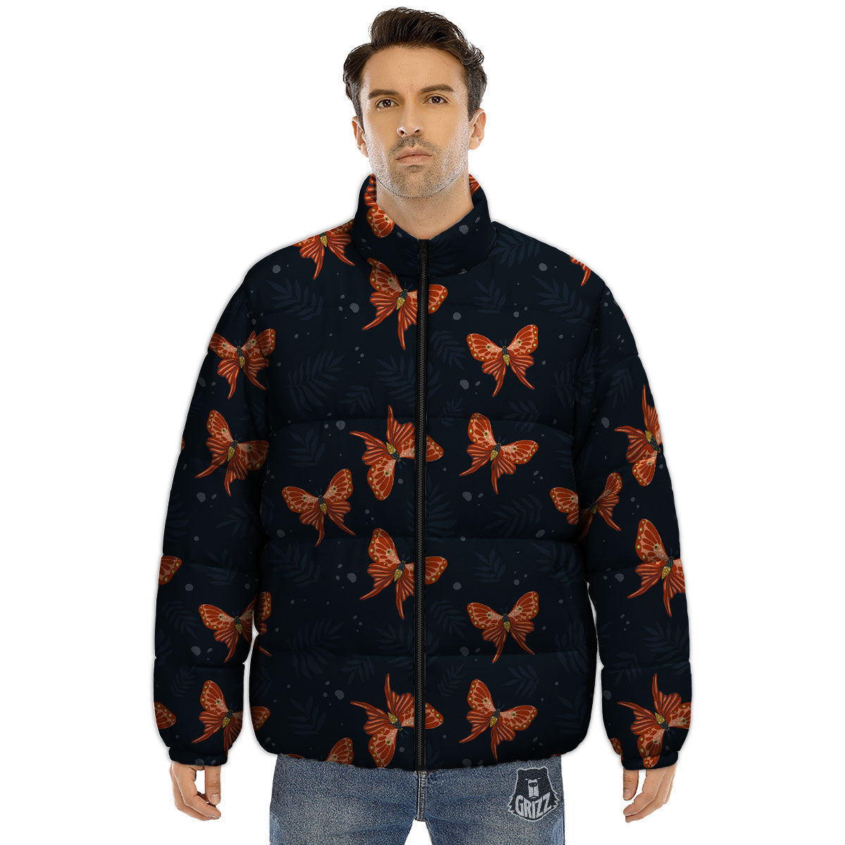 Orange Butterfly Monarch Print Pattern Puffer Jacket-grizzshop