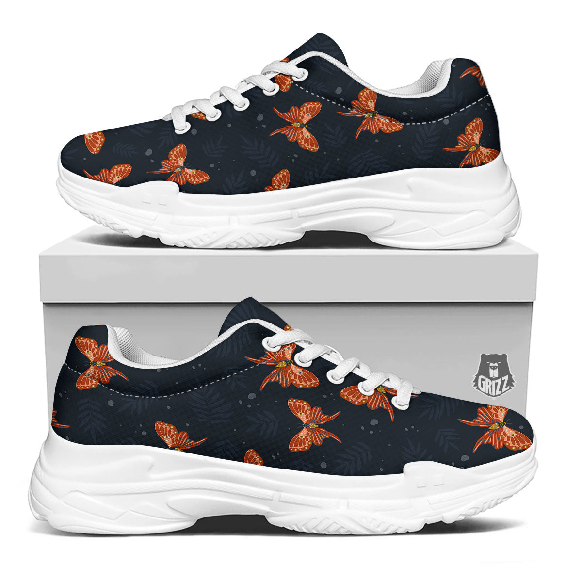 Orange Butterfly Monarch Print Pattern White Chunky Shoes-grizzshop