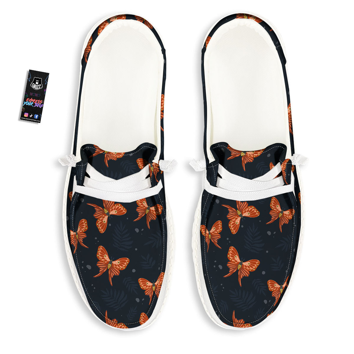 Orange Butterfly Monarch Print Pattern White Loafers-grizzshop
