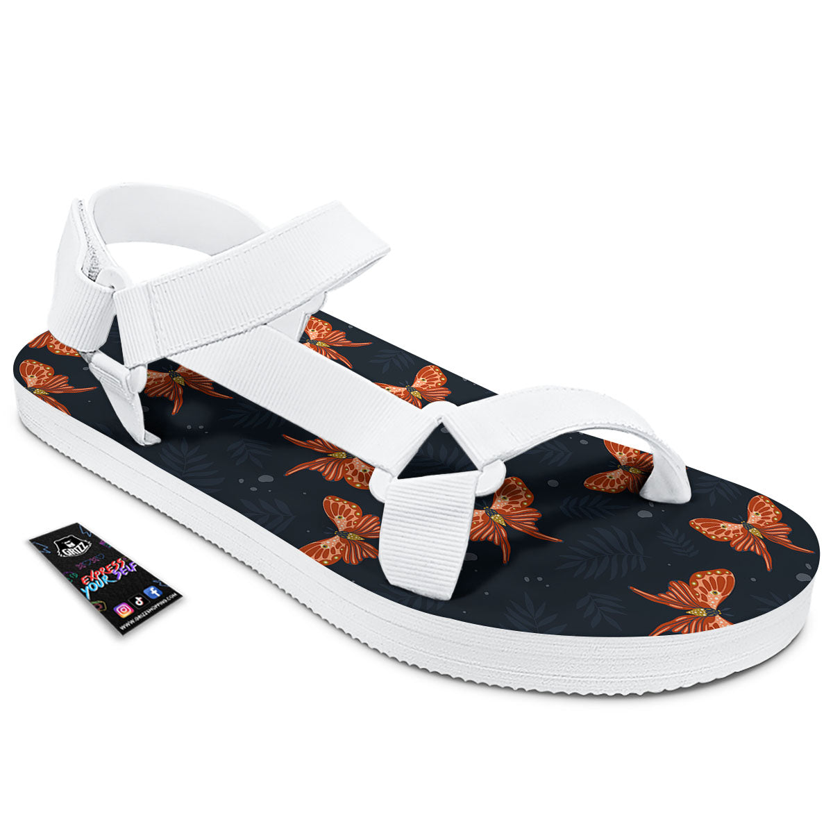 Orange Butterfly Monarch Print Pattern White Open Toe Sandals-grizzshop