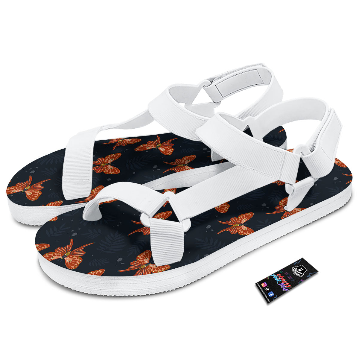 Orange Butterfly Monarch Print Pattern White Open Toe Sandals-grizzshop