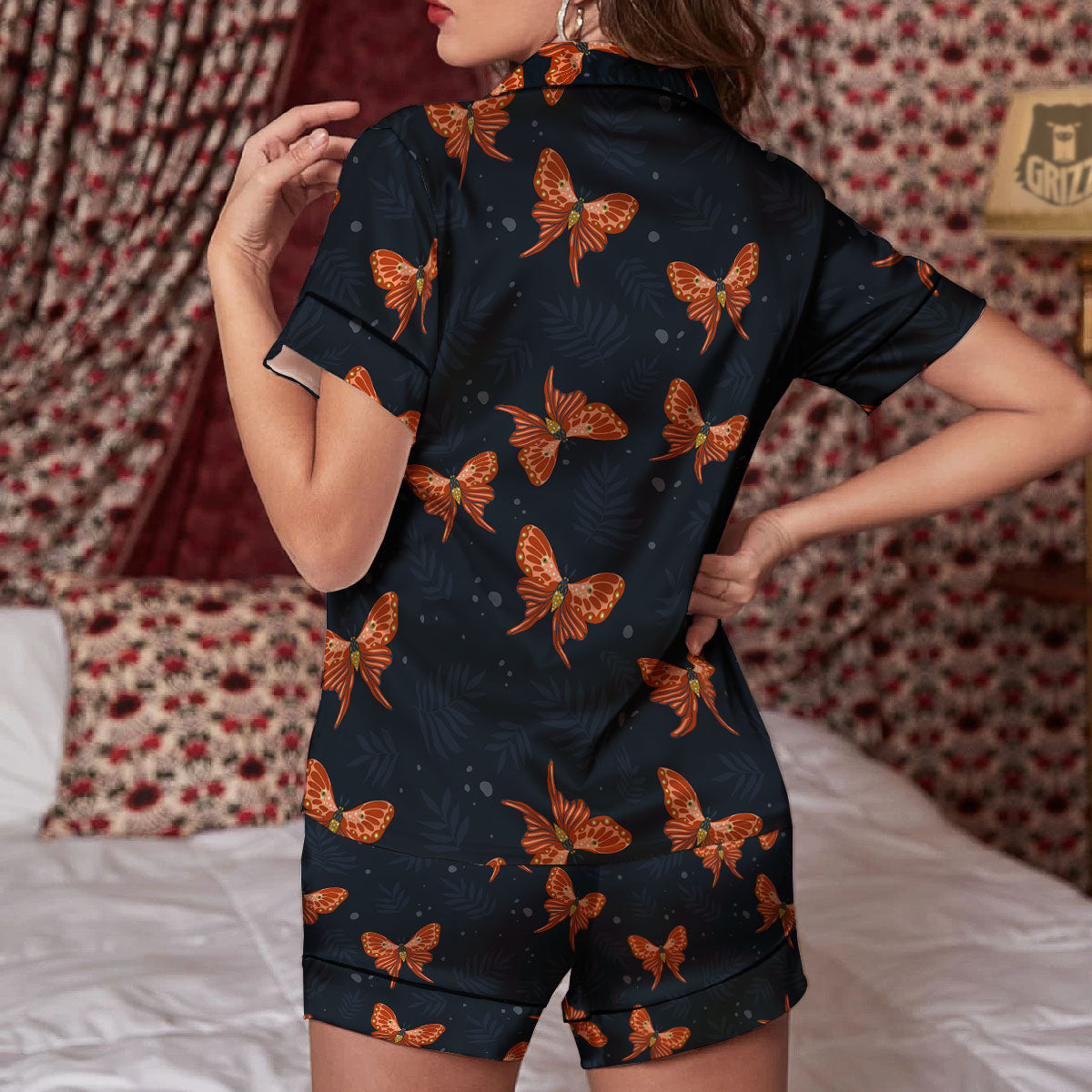 Orange Butterfly Monarch Print Pattern Women Silk Pajamas-grizzshop