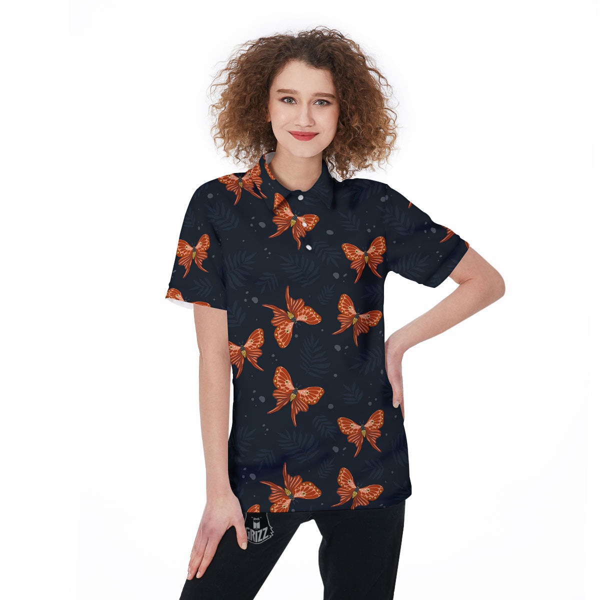 Orange Butterfly Monarch Print Pattern Women's Golf Shirts-grizzshop