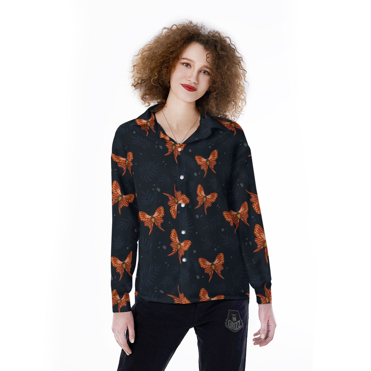 Orange Butterfly Monarch Print Pattern Women's Long Sleeve Shirts-grizzshop