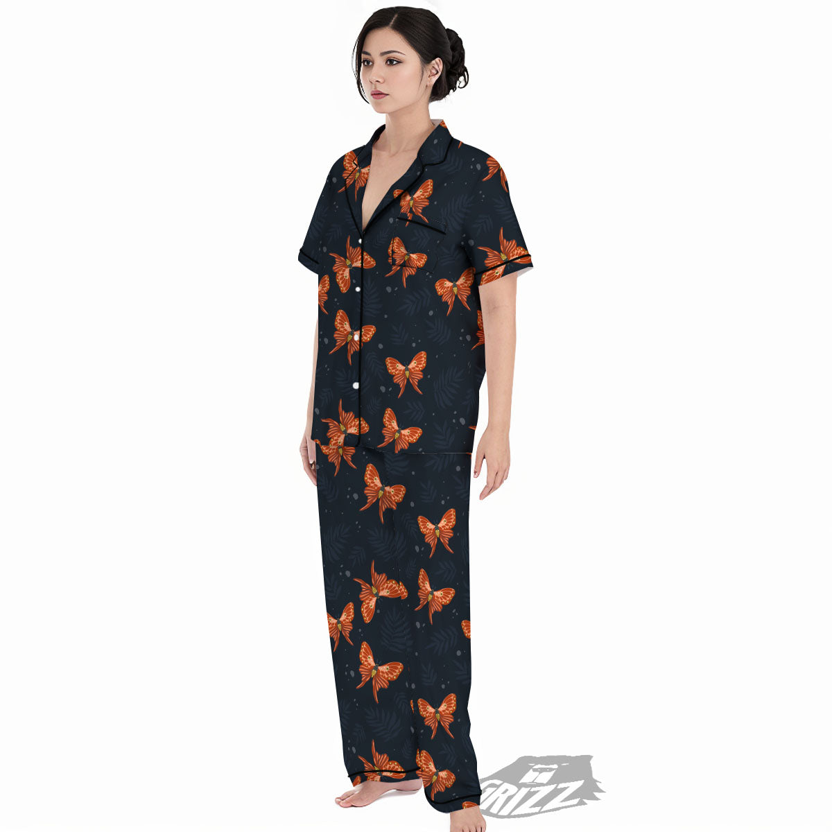 Orange Butterfly Monarch Print Pattern Women's Pajamas Set-grizzshop