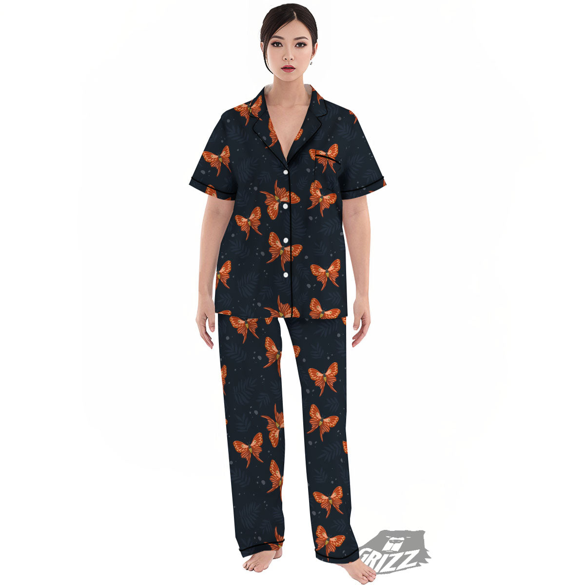 Orange Butterfly Monarch Print Pattern Women's Pajamas Set-grizzshop
