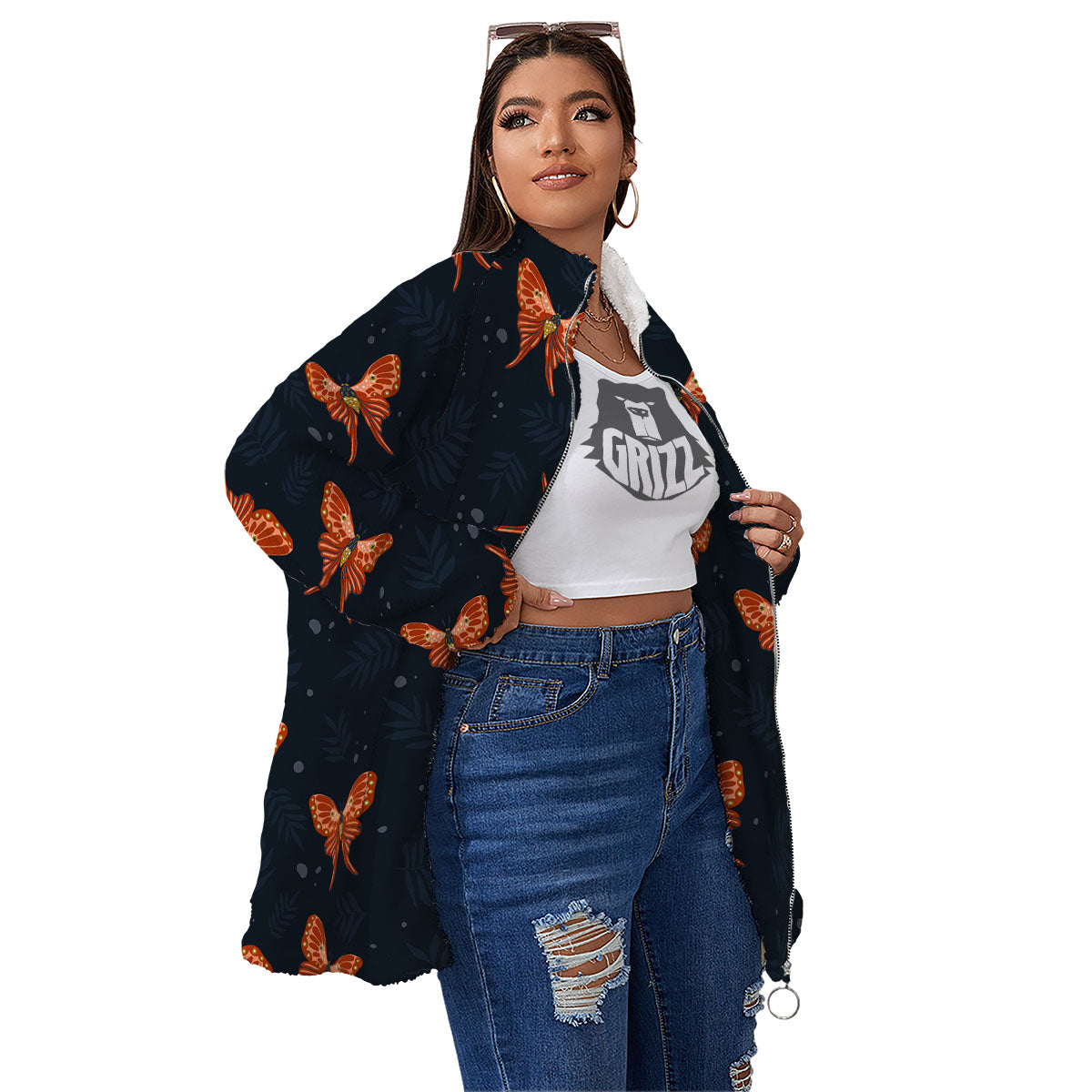 Orange Butterfly Monarch Print Pattern Women's Sherpa Jacket-grizzshop