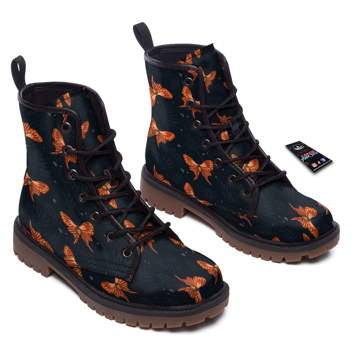 Orange Butterfly Monarch Print Pattern Work Boots-grizzshop