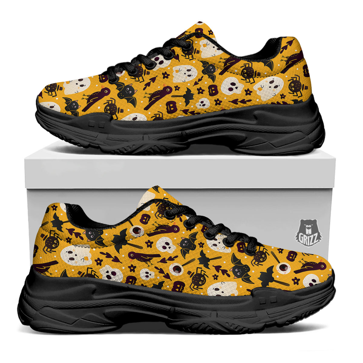 Orange Color Halloween Cute Print Pattern Black Chunky Shoes-grizzshop