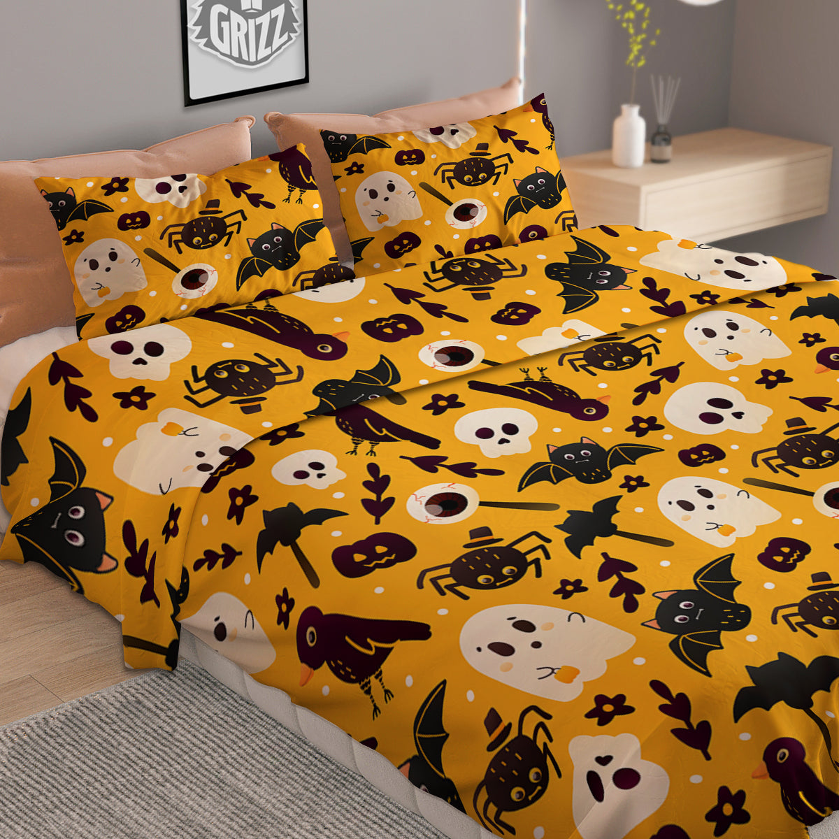 Orange Color Halloween Cute Print Pattern Duvet Cover Bedding Set