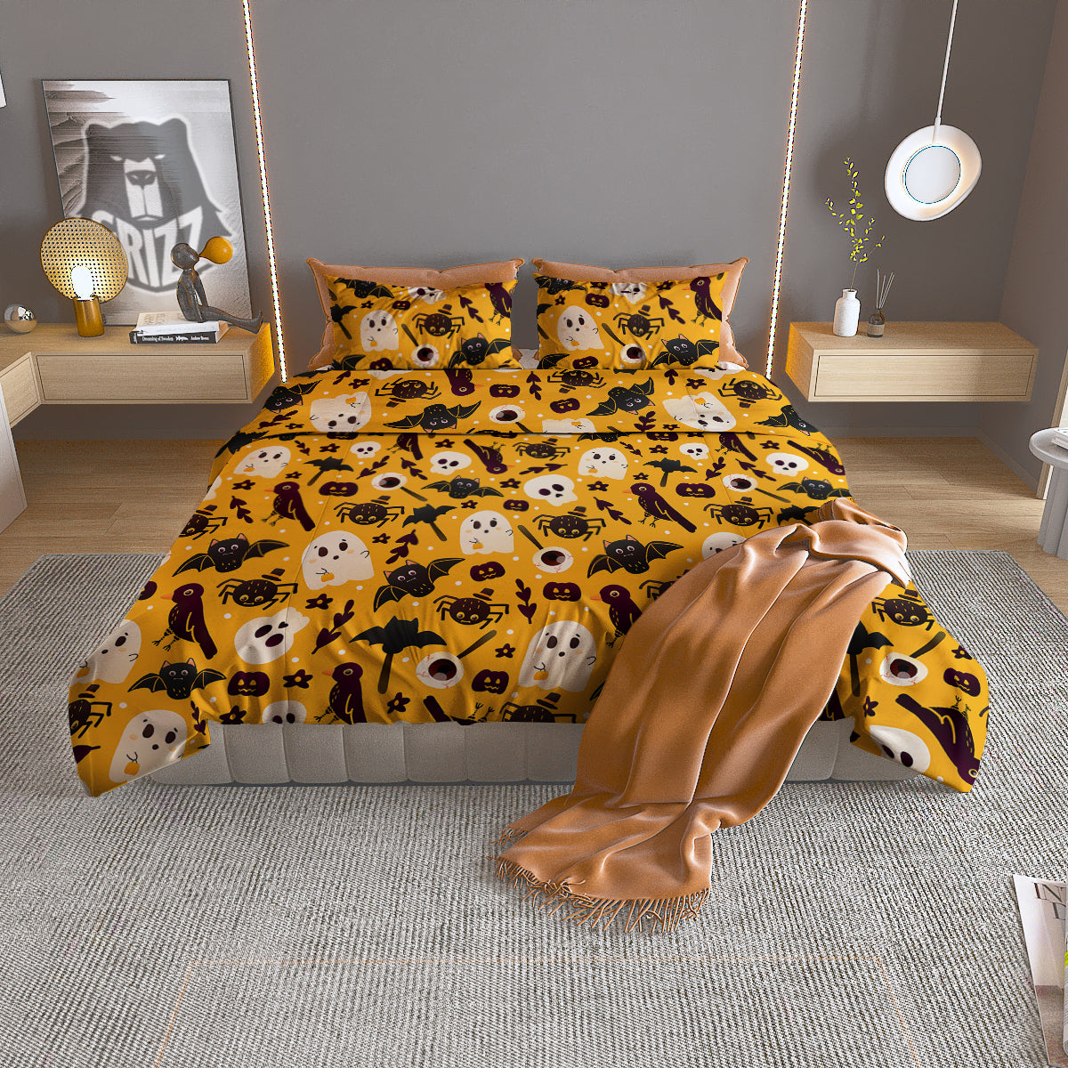 Orange Color Halloween Cute Print Pattern Duvet Cover Bedding Set