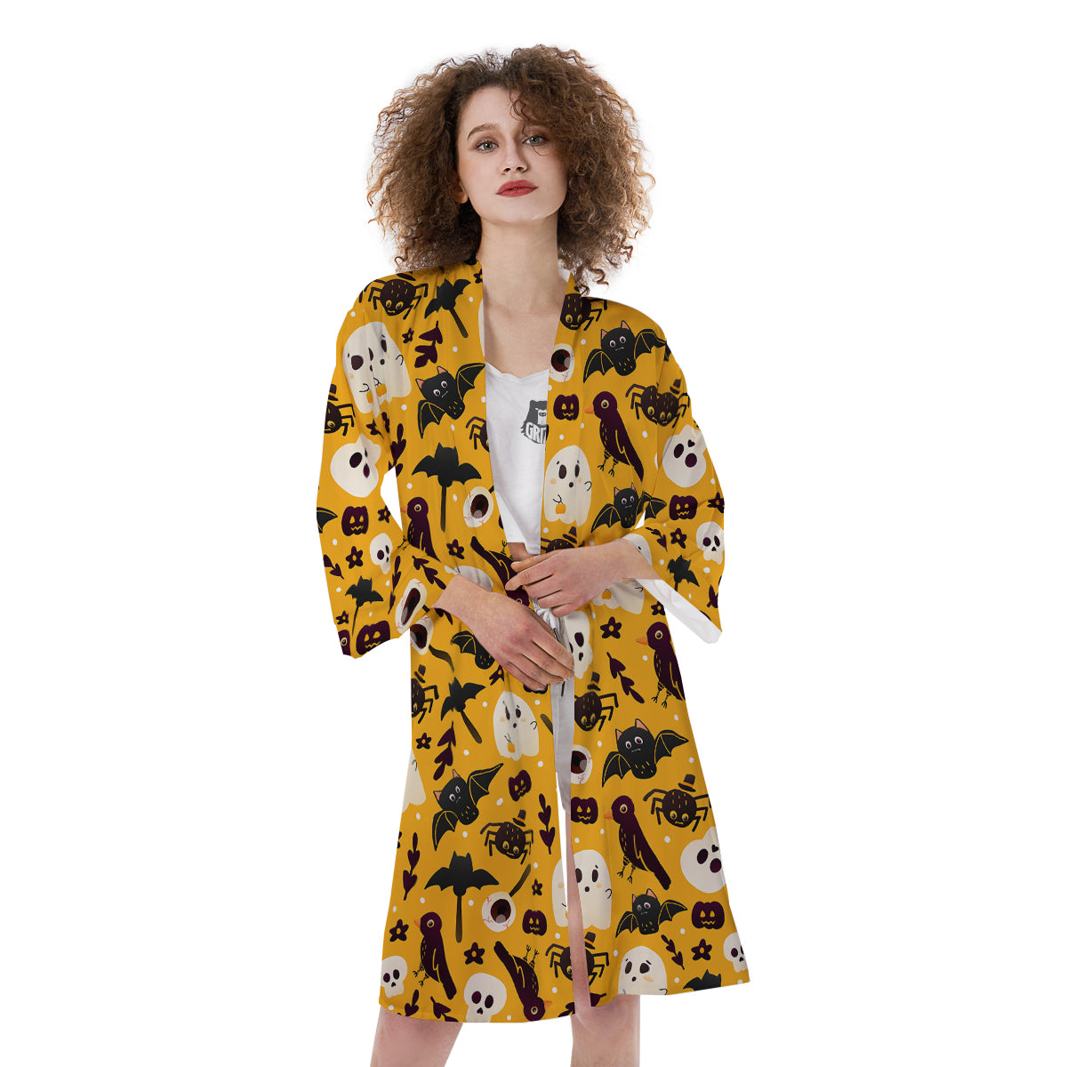Orange Color Halloween Cute Print Pattern Kimono-grizzshop