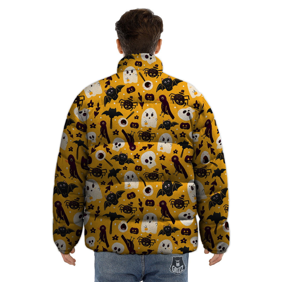 Orange Color Halloween Cute Print Pattern Puffer Jacket-grizzshop