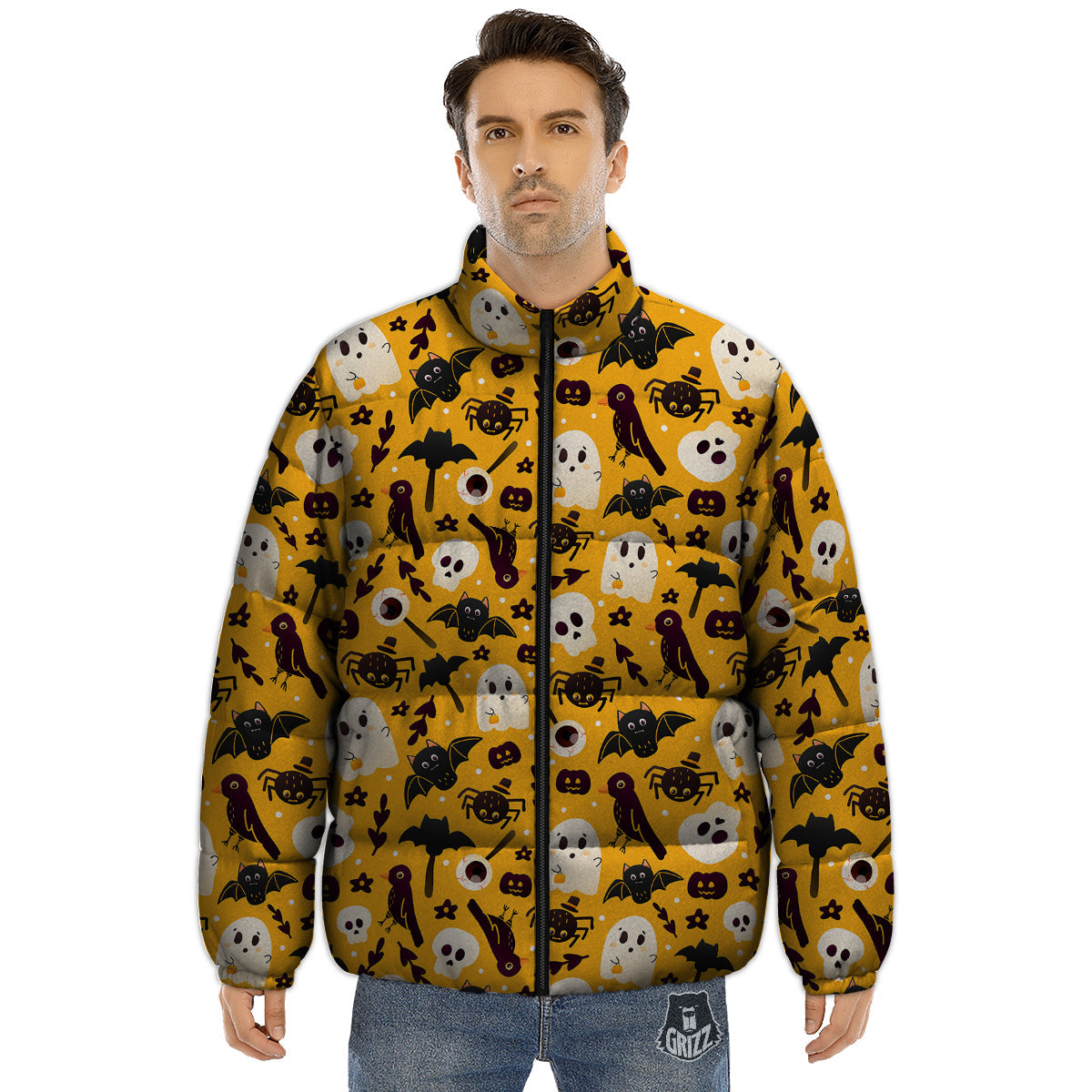 Orange Color Halloween Cute Print Pattern Puffer Jacket-grizzshop