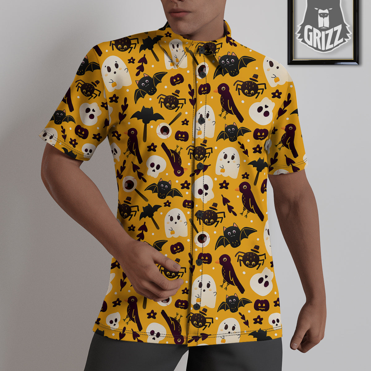 Orange Color Halloween Cute Print Pattern Untucked Shirts-grizzshop