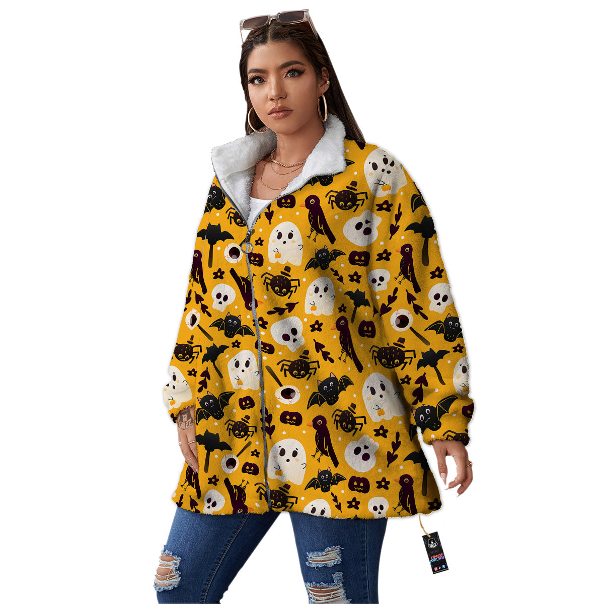 Orange Color Halloween Cute Print Pattern Women's Sherpa Jacket-grizzshop