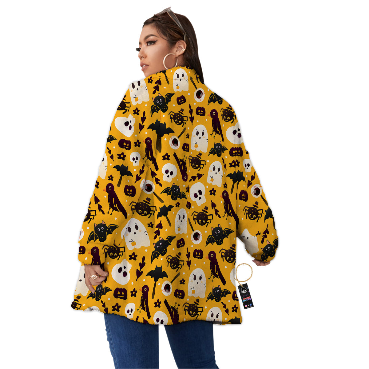 Orange Color Halloween Cute Print Pattern Women's Sherpa Jacket-grizzshop