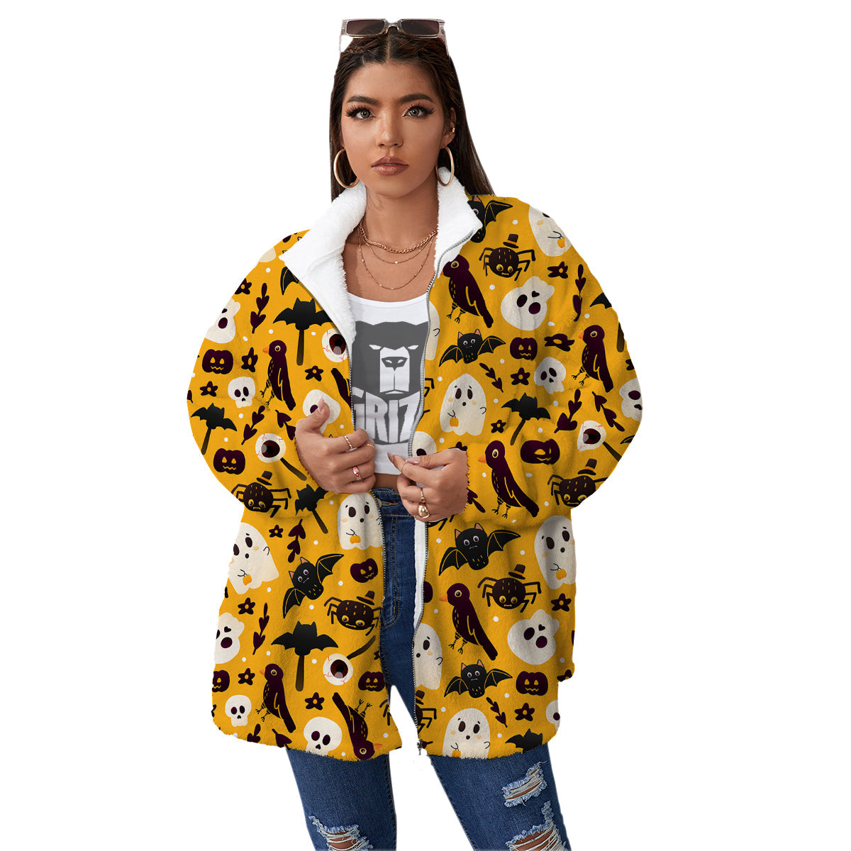 Orange Color Halloween Cute Print Pattern Women's Sherpa Jacket-grizzshop