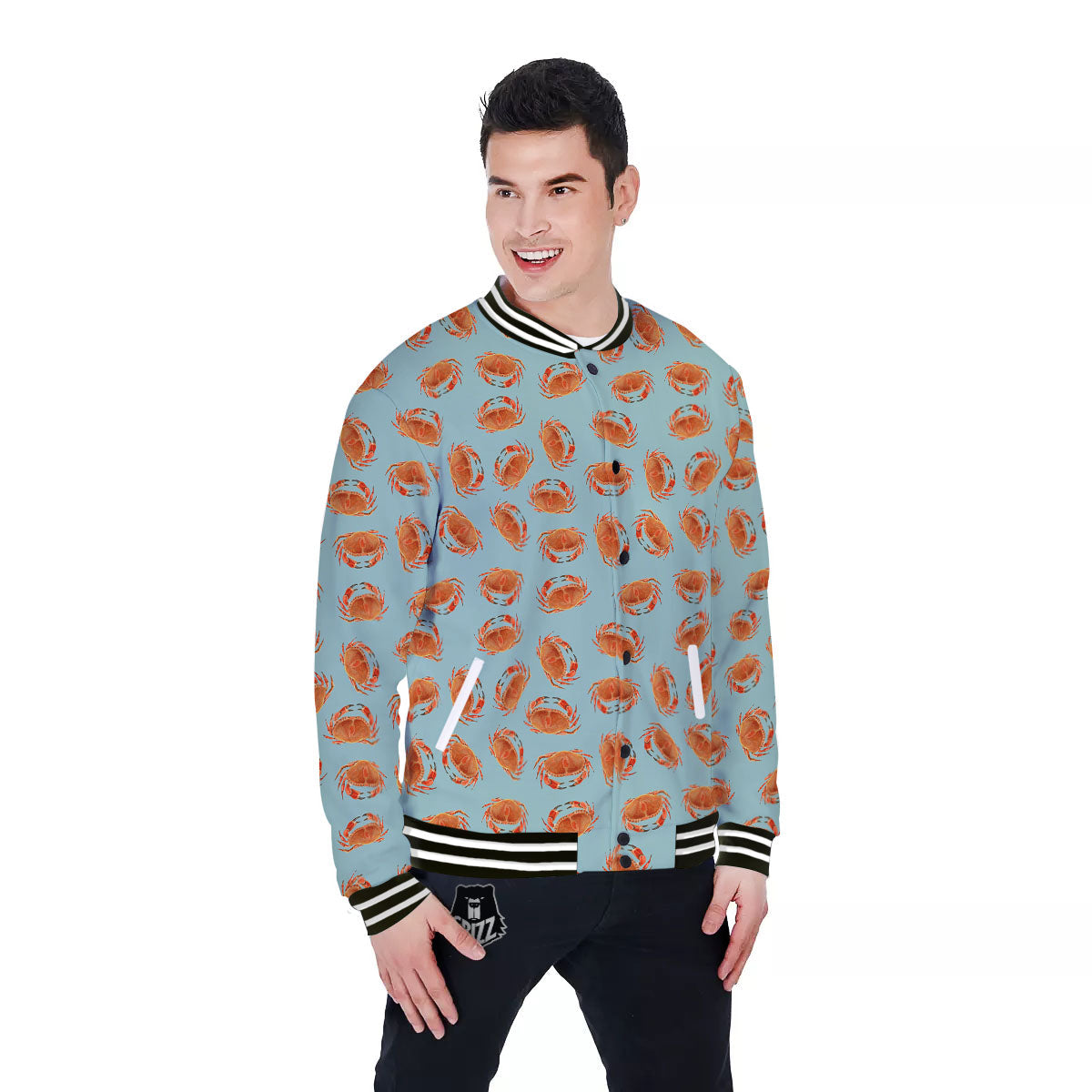 Orange Crab Print Pattern Baseball Jacket-grizzshop