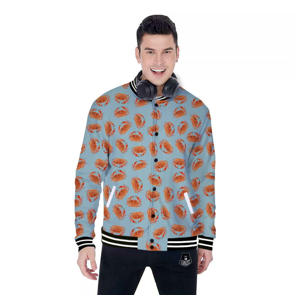 Orange Crab Print Pattern Baseball Jacket-grizzshop