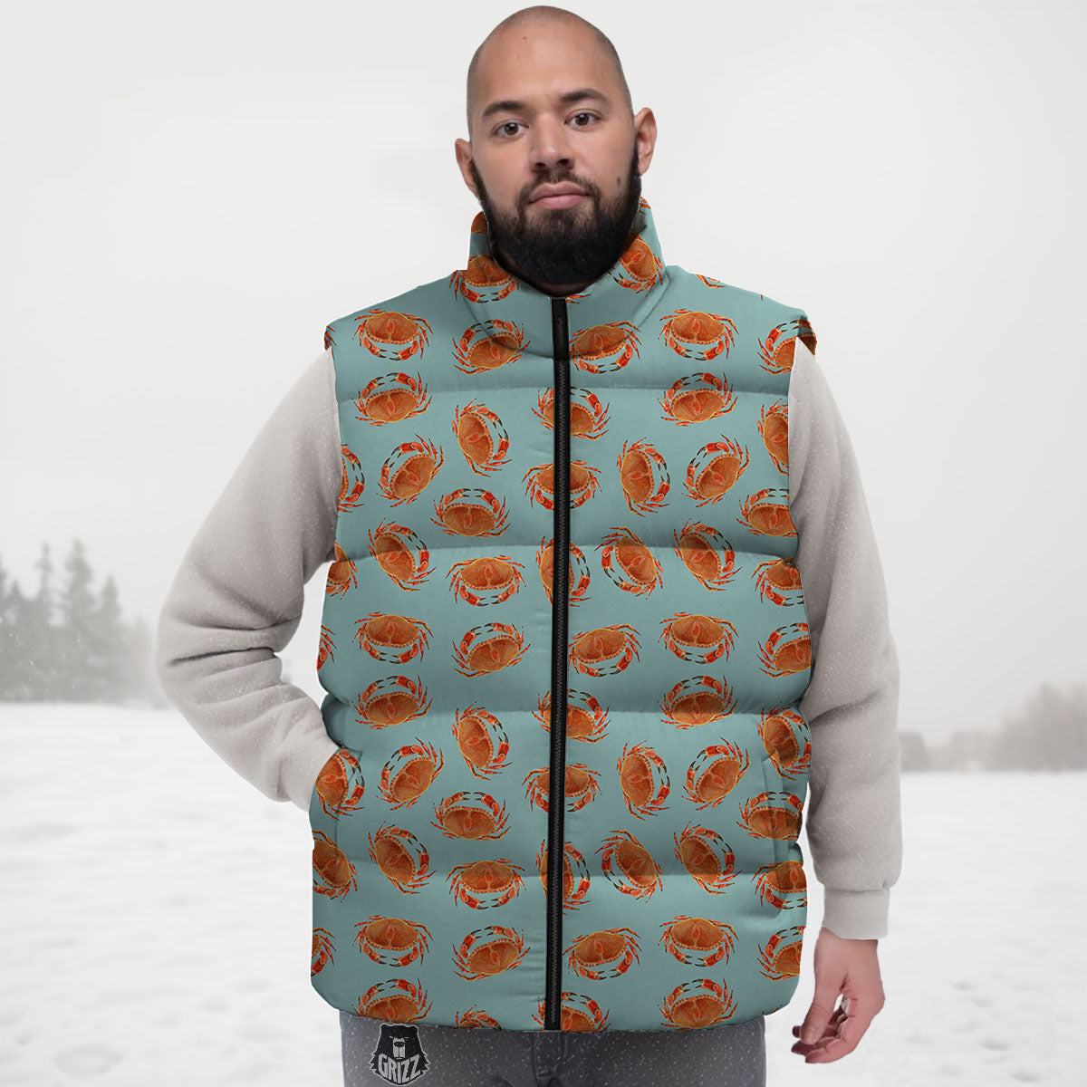 Orange Crab Print Pattern Down Vest-grizzshop