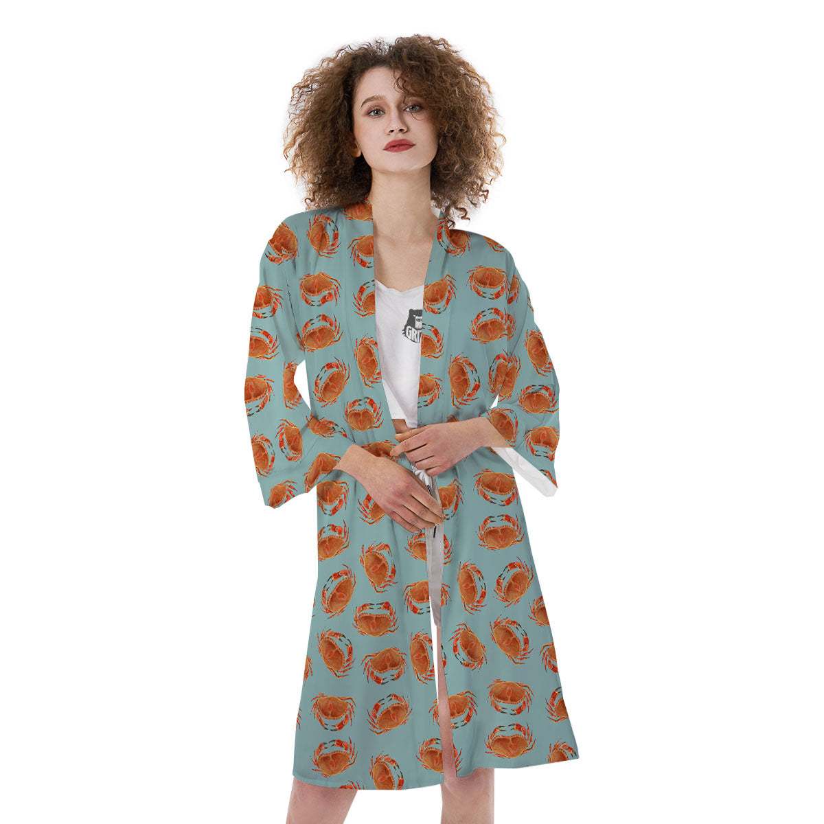 Orange Crab Print Pattern Kimono-grizzshop