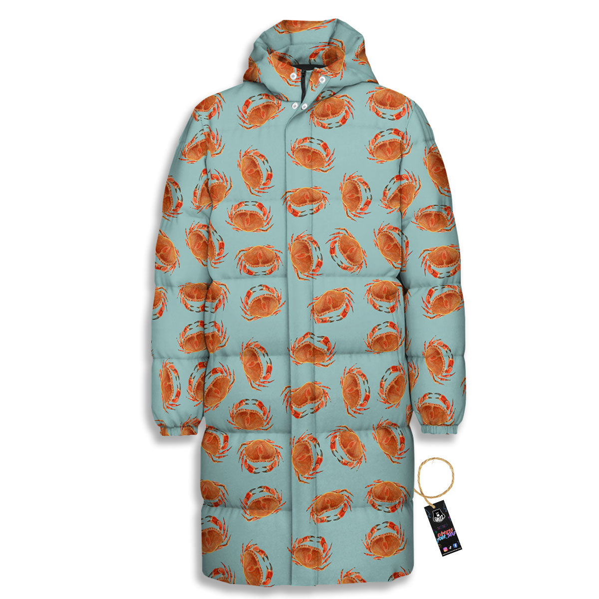 Orange Crab Print Pattern Long Down Jacket-grizzshop
