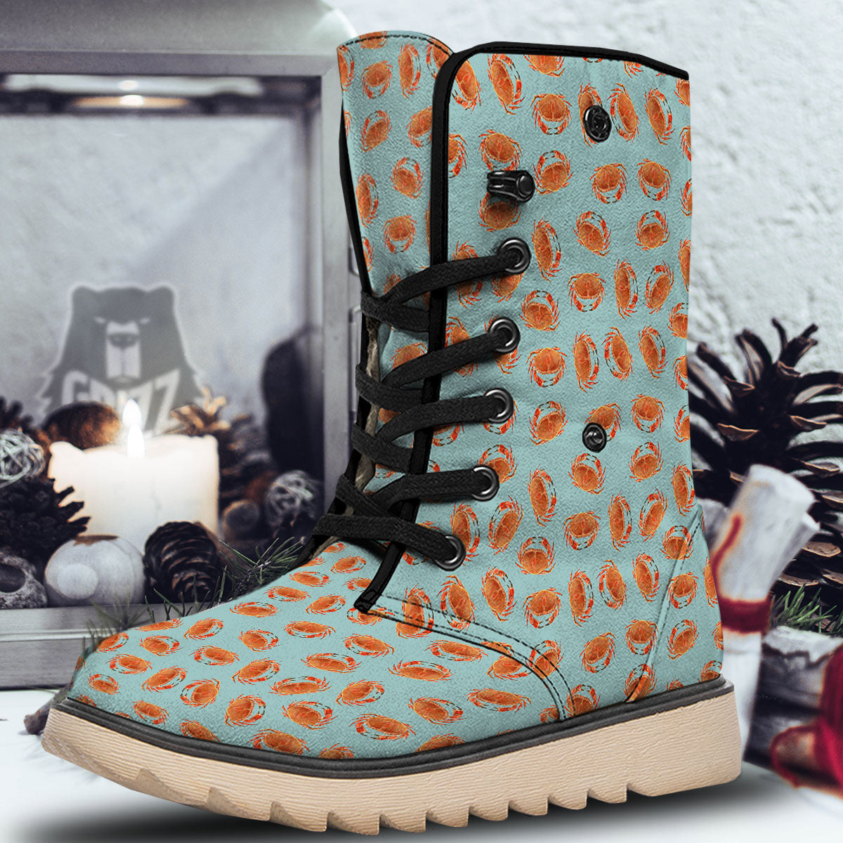 Orange Crab Print Pattern Snow Boots-grizzshop