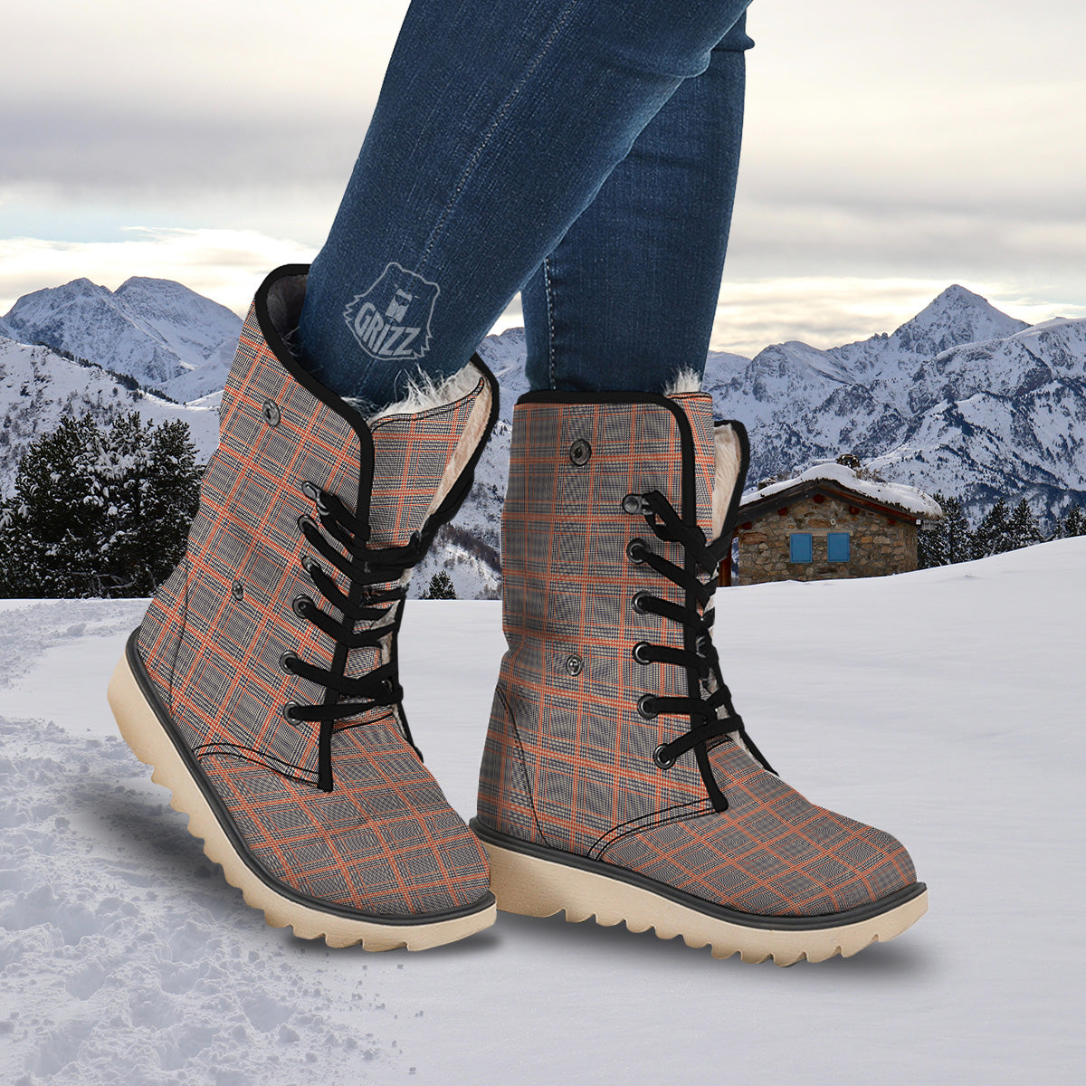 Orange Glen And Blue Beige Plaid Print Snow Boots Grizzshopping