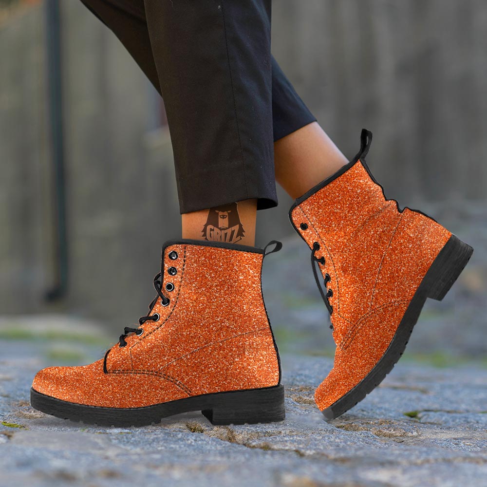 Orange Glitter Artwork Print Leather Boots-grizzshop