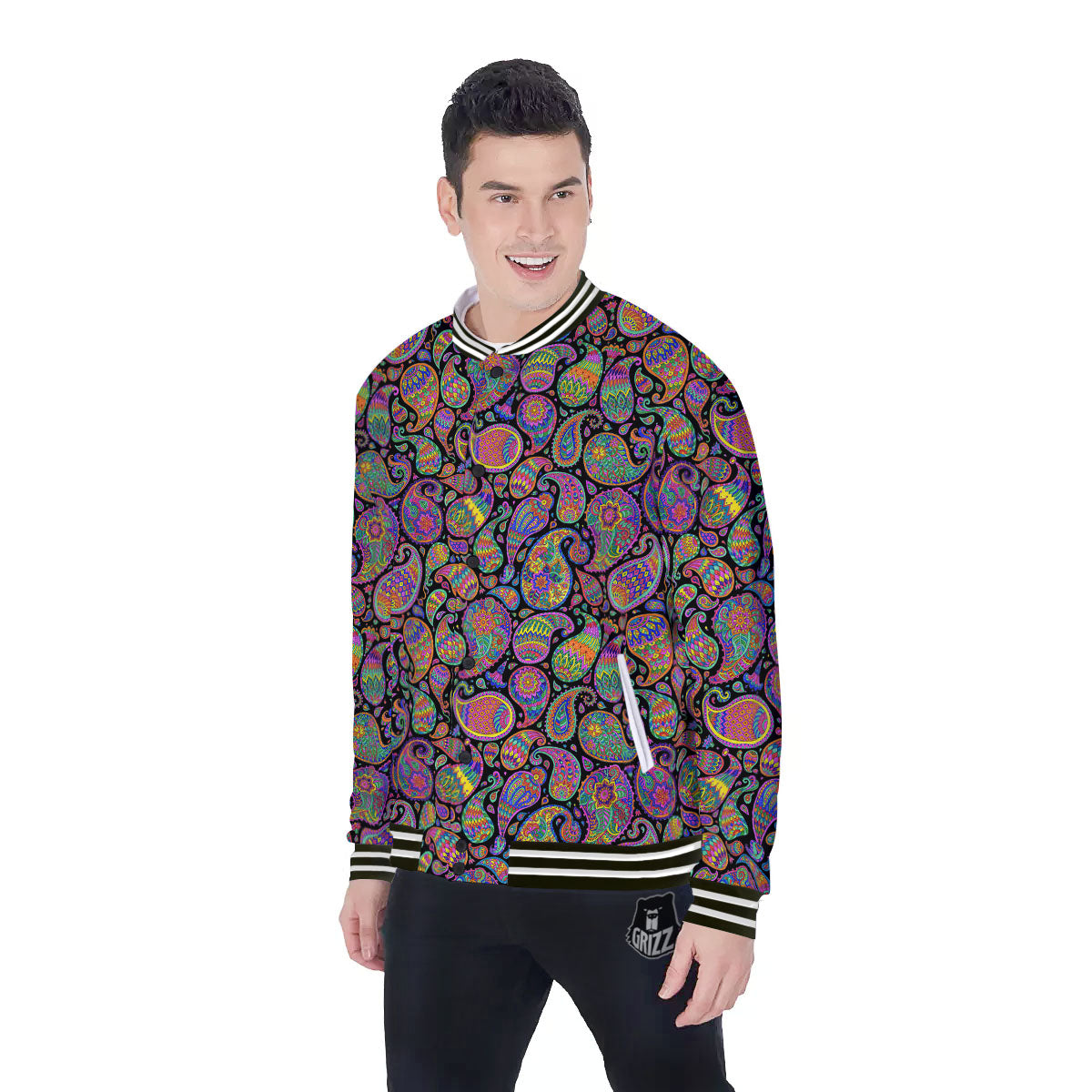 Orange Green And Pink Paisley Print Baseball Jacket-grizzshop