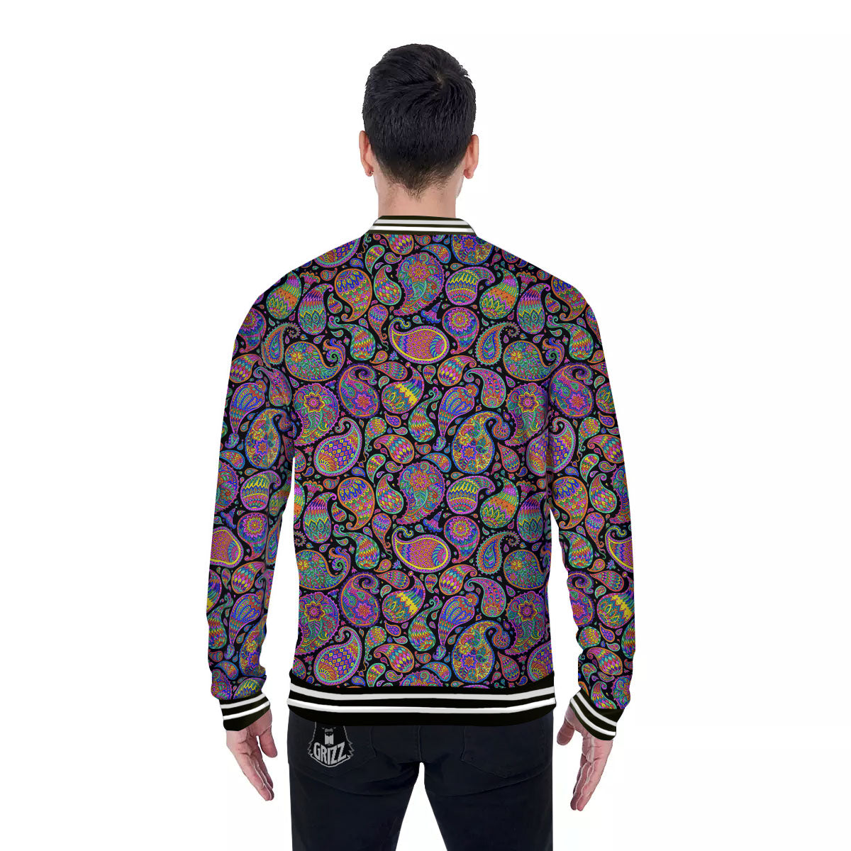 Orange Green And Pink Paisley Print Baseball Jacket-grizzshop