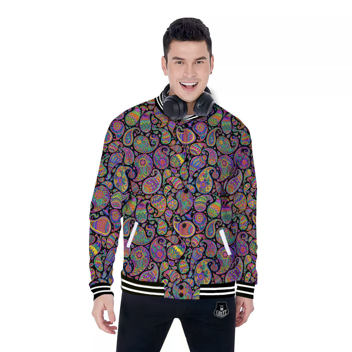 Orange Green And Pink Paisley Print Baseball Jacket-grizzshop