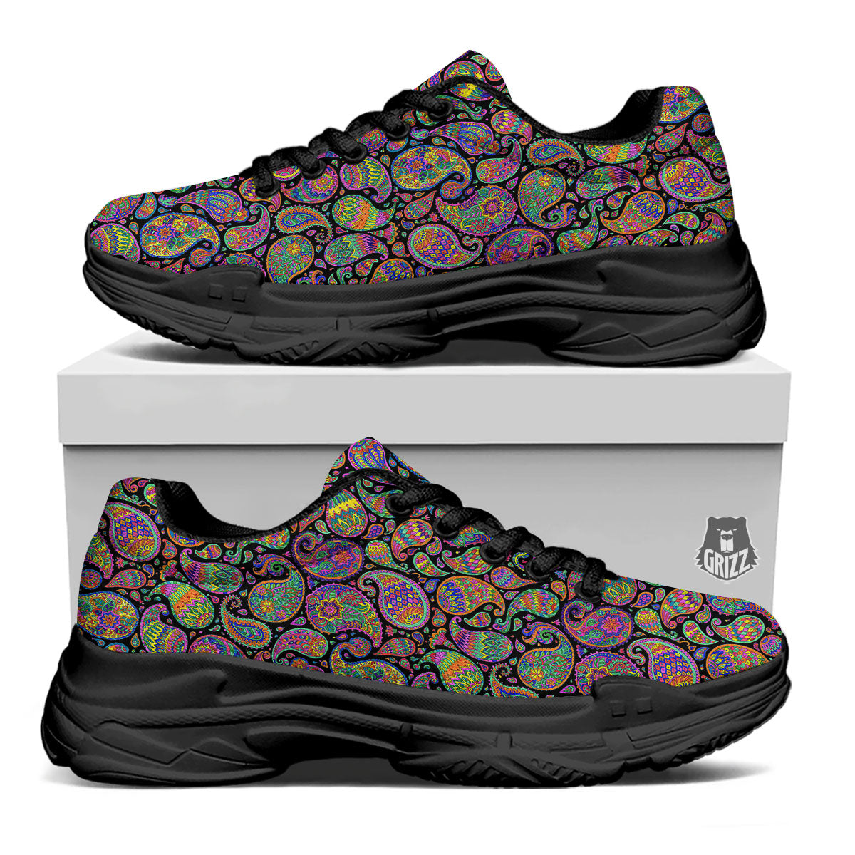 Orange Green And Pink Paisley Print Black Chunky Shoes-grizzshop