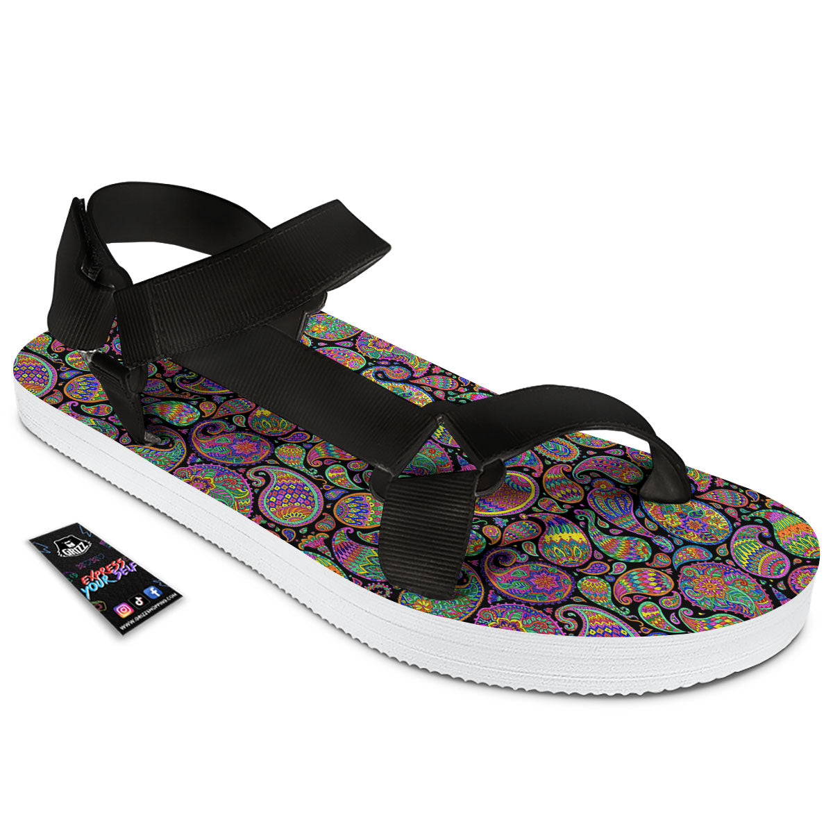 Orange Green And Pink Paisley Print Black Open Toe Sandals-grizzshop