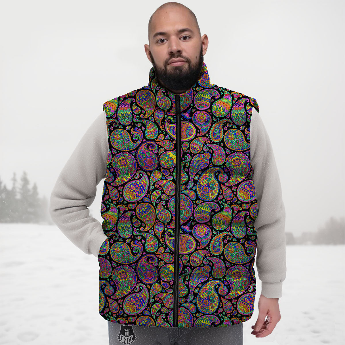 Orange Green And Pink Paisley Print Down Vest