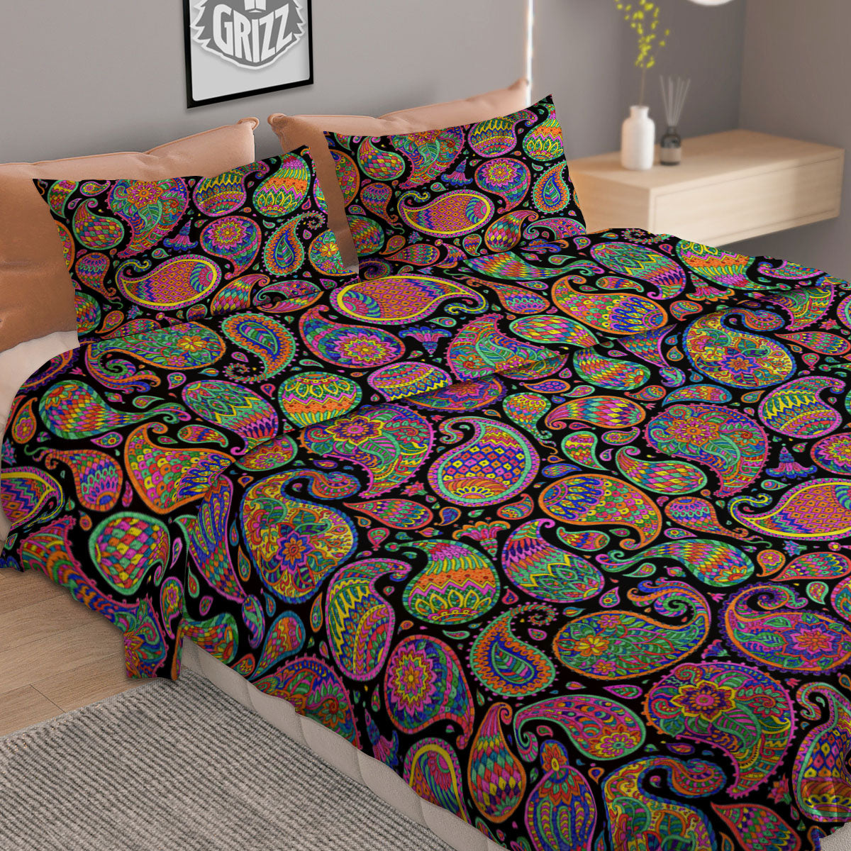 Orange Green And Pink Paisley Print Duvet Cover Bedding Set