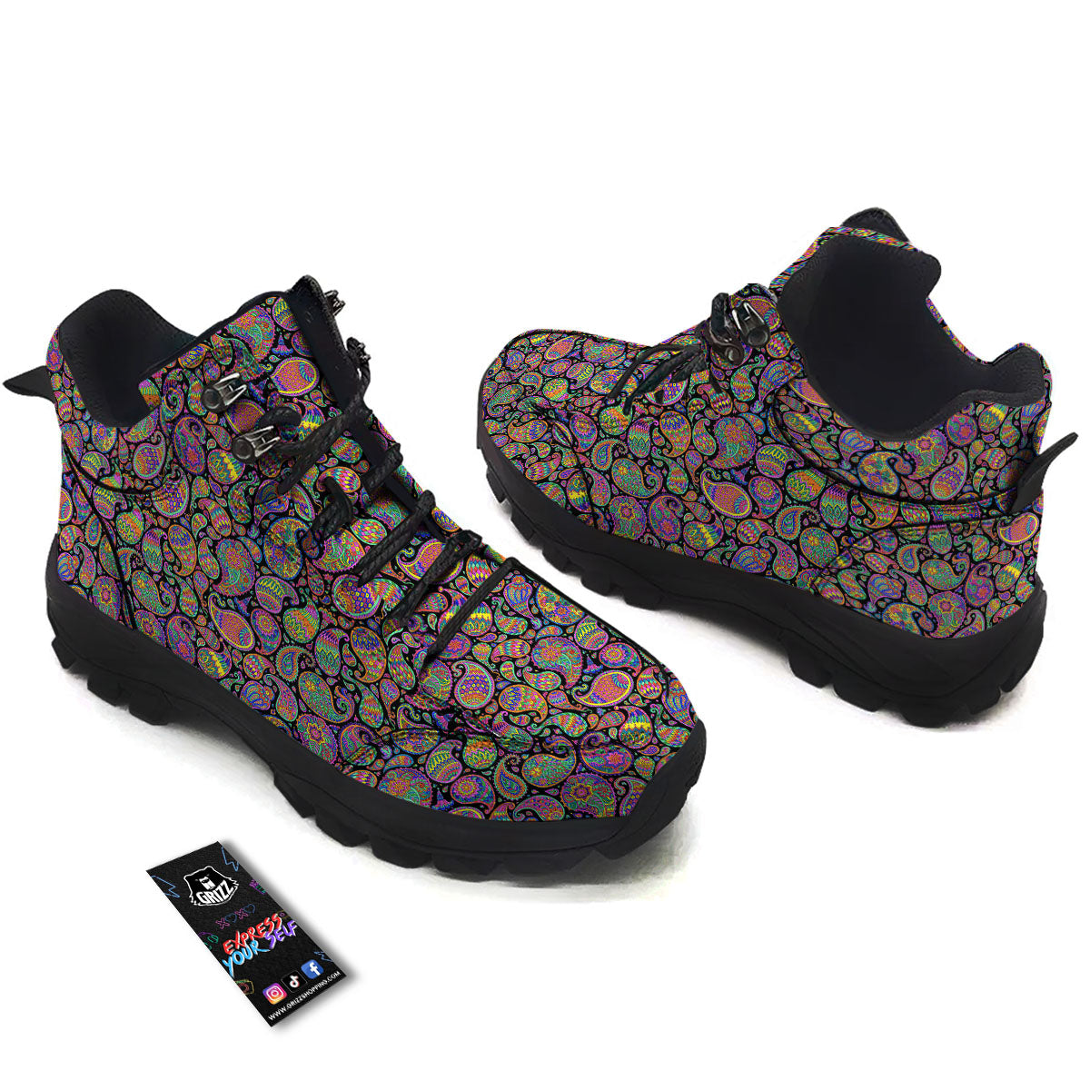 Orange Green And Pink Paisley Print Hiking Shoes-grizzshop
