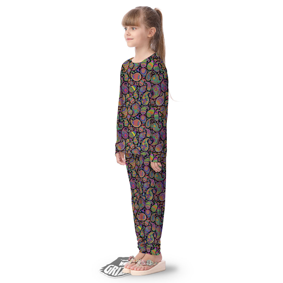 Orange Green And Pink Paisley Print Kid's Pajamas-grizzshop