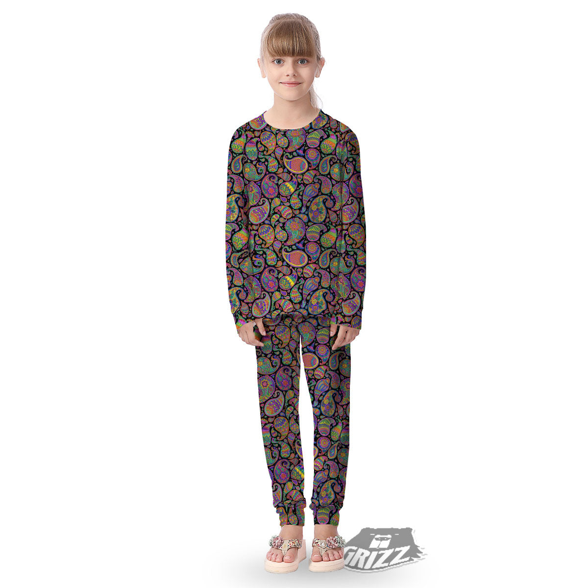 Orange Green And Pink Paisley Print Kid's Pajamas-grizzshop